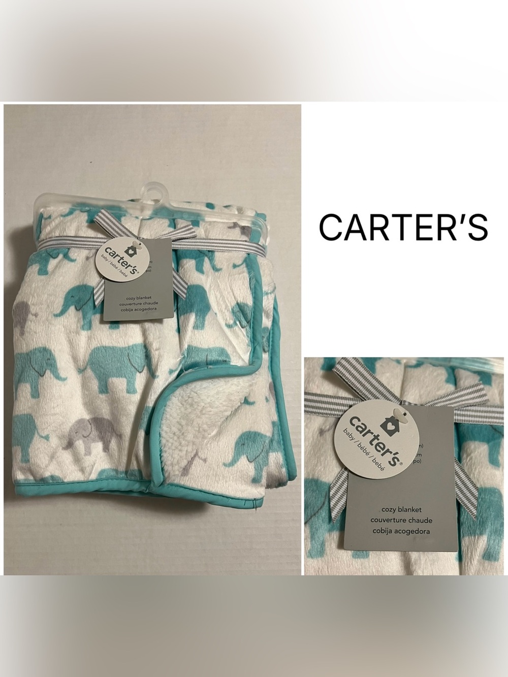 CARTER’S - NWT - 40”X30” - INFANT BOYS BLUE GREY ELEPHANT COZY SHERPA BLANKET